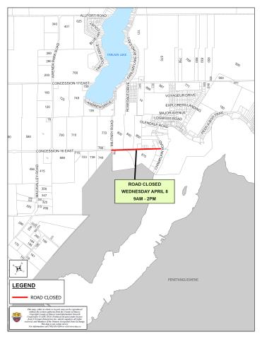 Temporary Road Closure map showing closure of Concession 16 East from Military Road to Champlain Road