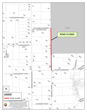 Map showing closure of Marshall Road between Angela Schmidt Foster Road and Ellery's Sideroad