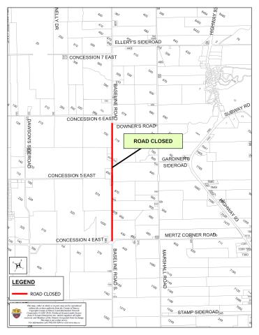 Road closure map showing Baseline Road closed between Downer's Road and Concession 4 East