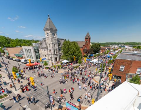 Aerial view of a busy downtown Midland street during their butter tart festival