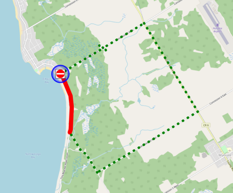 Road closure map showing Tiny Beaches Road South closed between Concession Road 8 West and Skylark Road. The seasonal closure of the hill on Concession Road 8 West has been reopened early to accommodate a detour route also including Country Road 6 South and Concession Road 6 West.