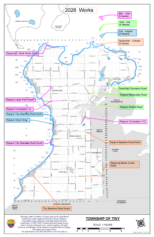 Map showing several approved road improvement projects across the township of tiny