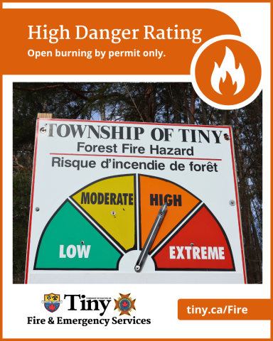 High fire danger rating infographic including a photo of the fire rating signs throughout the township indicating the rating is high