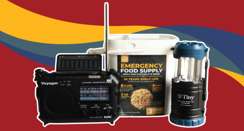Emergency preparedness week contest prize including a radio, emergency food supply, and flashlight