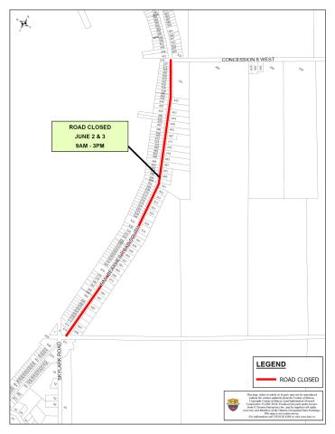 A map of a temporary road closure on Tiny Beaches Road South between Concession Road 8 West and Skylark Road 