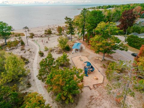 aeiral view of the park, pavilion, washrooms, and beach at the Lafontaine beach park