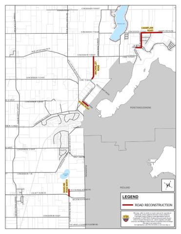 Map indicating the following road closures: • Champlain Road between Glendale Road and Concession 17 East • Macavalley Road between Concession 16 East and #280 Macavalley Road • Robb's Road between Macavalley Road and Champlain Road • Baseline Road North between Balm Beach Road East to the North Limit