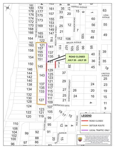 Map indicating there will be two temporary road closures in effect from Tuesday, July 28, 2026, to Wednesday, July 29, 2026, for culvert replacements on Oliver Drive between Brook Avenue and Sherwood Gate, and Beech Tree Street south of Brook Avenue to the end of the road.