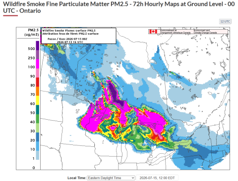 Wildfire Smoke Fine Particulate map showing wildfire smoke levels across Ontario