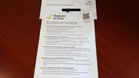 Letter that appears to be from the Township of Tiny and Register to Vote, a brand owned and operated by Elections Ontario.