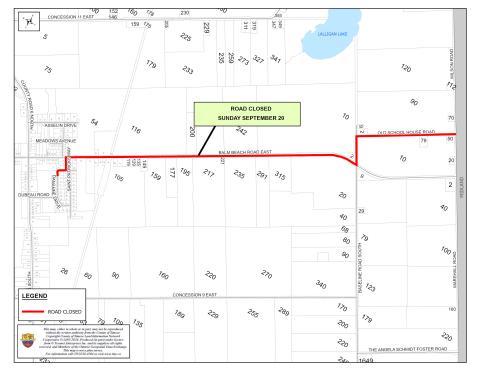 Road closure map indicating the Terry Fox Run route