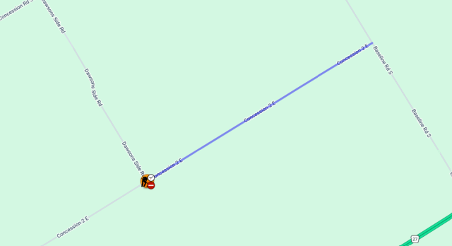 Map showing a road closure on Concession Road 2 East